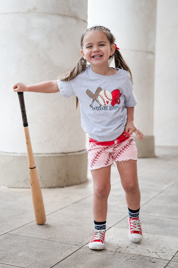 "Baseball Season" Gray & Red Ombre Denim Short Set | Sparkle in Pink