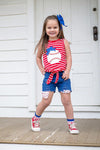 Red & Blue Baseball Distressed Denim Short Set | Sparkle in Pink