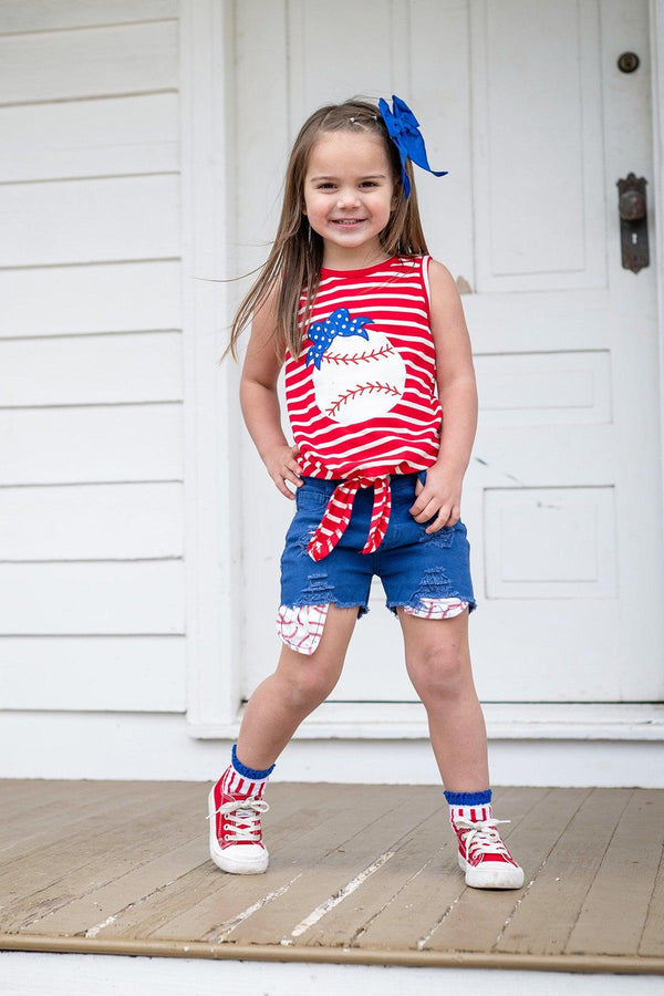 Red & Blue Baseball Distressed Denim Short Set | Sparkle in Pink