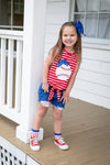 Red & Blue Baseball Distressed Denim Short Set | Sparkle in Pink