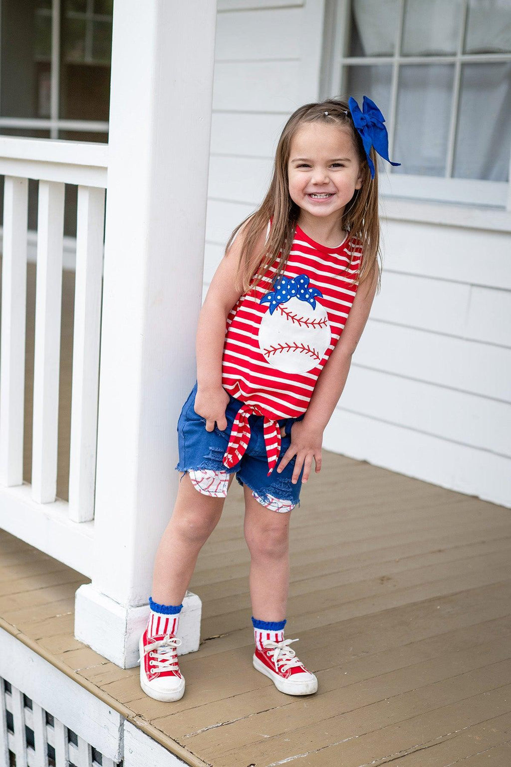 Red & Blue Baseball Distressed Denim Short Set | Sparkle in Pink