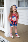 Red & Blue Baseball Distressed Denim Short Set | Sparkle in Pink