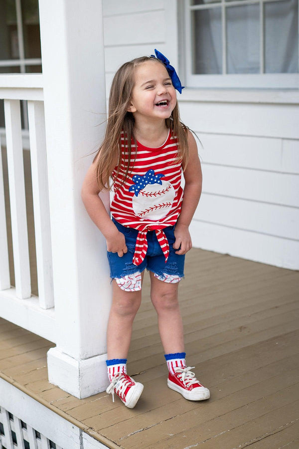 Red & Blue Baseball Distressed Denim Short Set | Sparkle in Pink