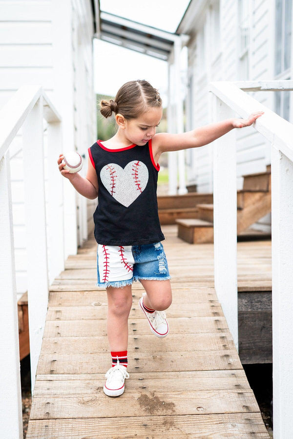 Sequin Baseball Heart Denim Short Set | Sparkle in Pink