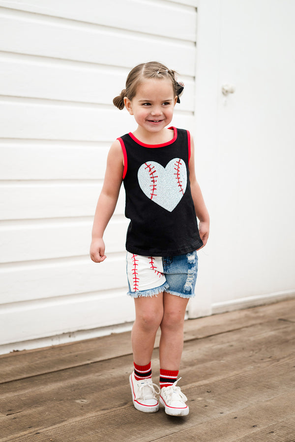 Sequin Baseball Heart Denim Short Set | Sparkle in Pink