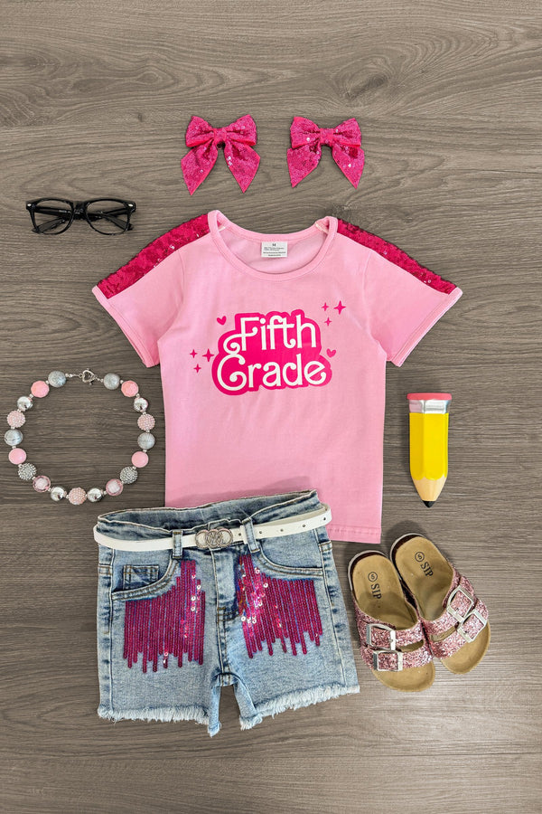 "Pre-K - Sixth Grade" Pink Denim Short Set | Sparkle in Pink