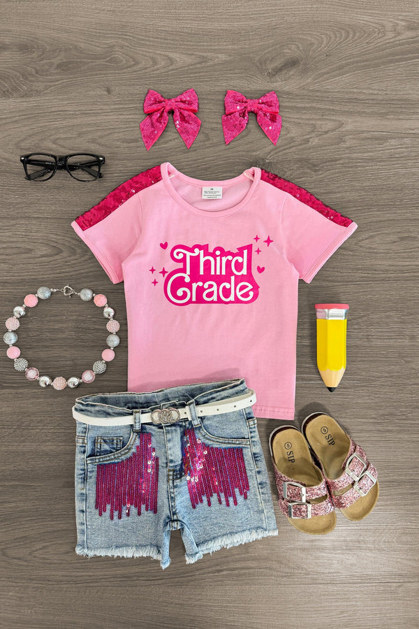 "Pre-K - Sixth Grade" Pink Denim Short Set | Sparkle in Pink
