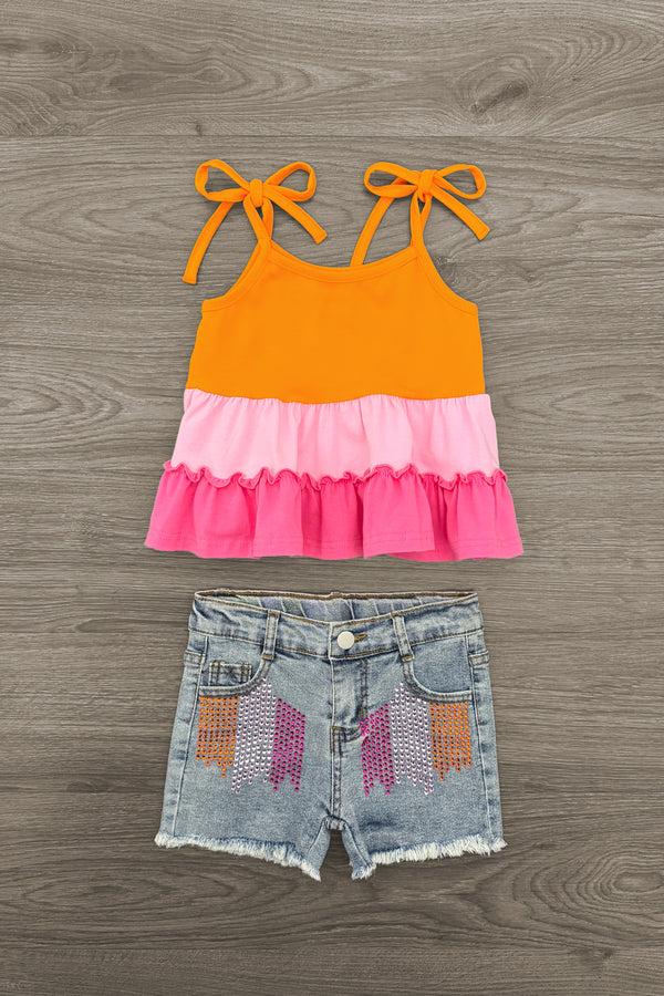 Pink & Orange Denim Short Set | Sparkle in Pink