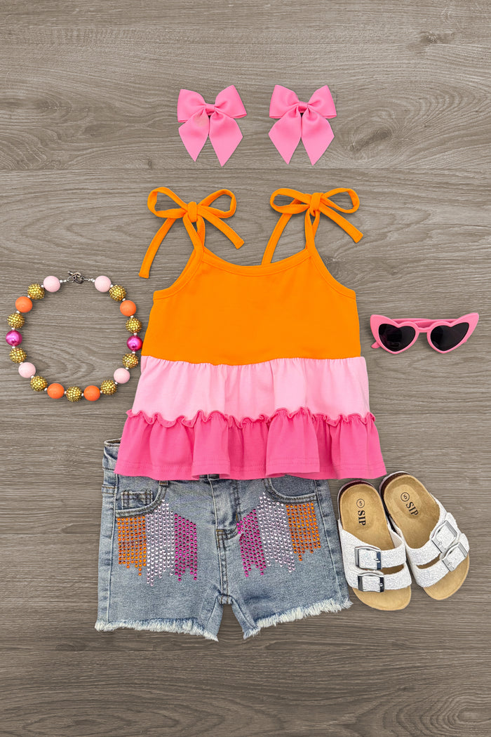 Pink & Orange Denim Short Set - 6-12 Months - Orange sleeveless top with pink ruffle tiers paired with patched denim shorts, white sandals, pink heart sunglasses, pink.