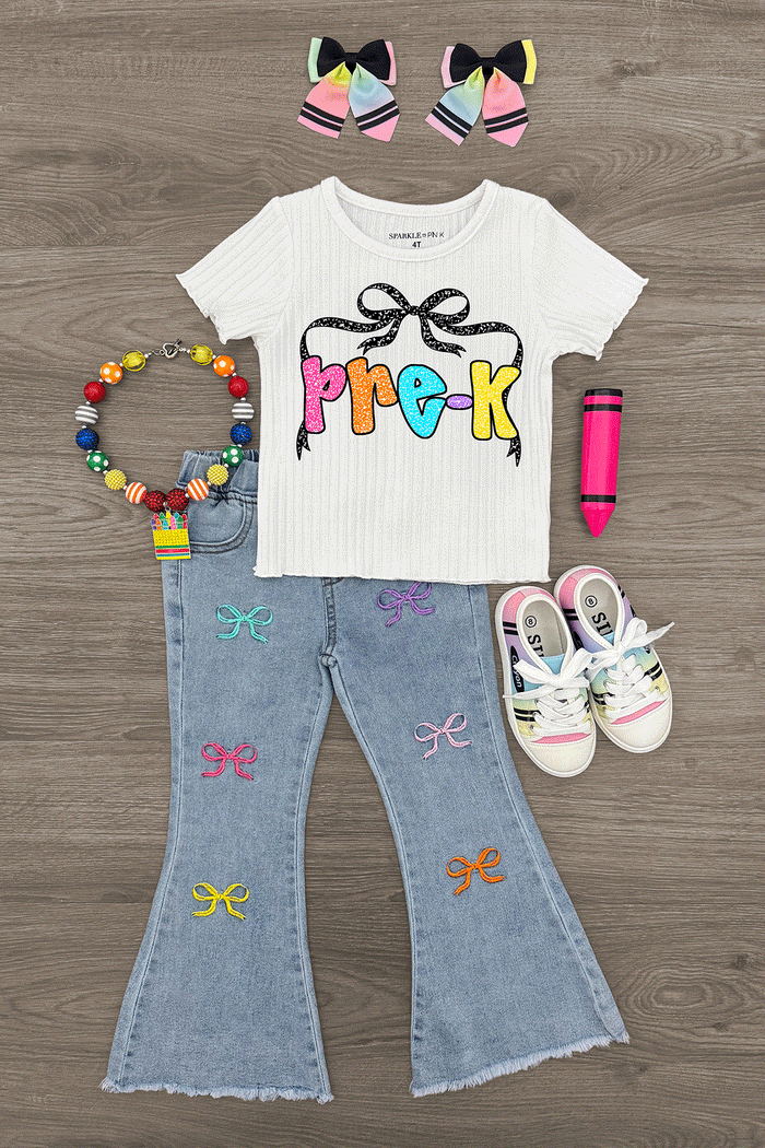 "Pre-K - Sixth Grade" Bow Denim Pant Set - PRE-K / 2T - White short-sleeve shirt with colorful "pre-K" text and bow graphic, light denim flare jeans with embroidered bows, white.