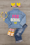"Preschool - Sixth Grade" Denim Jacket - PRESCHOOL / 3T - Light blue denim jacket with "PRE SCHOOL" in pink and white letters and a yellow butterfly on the back.