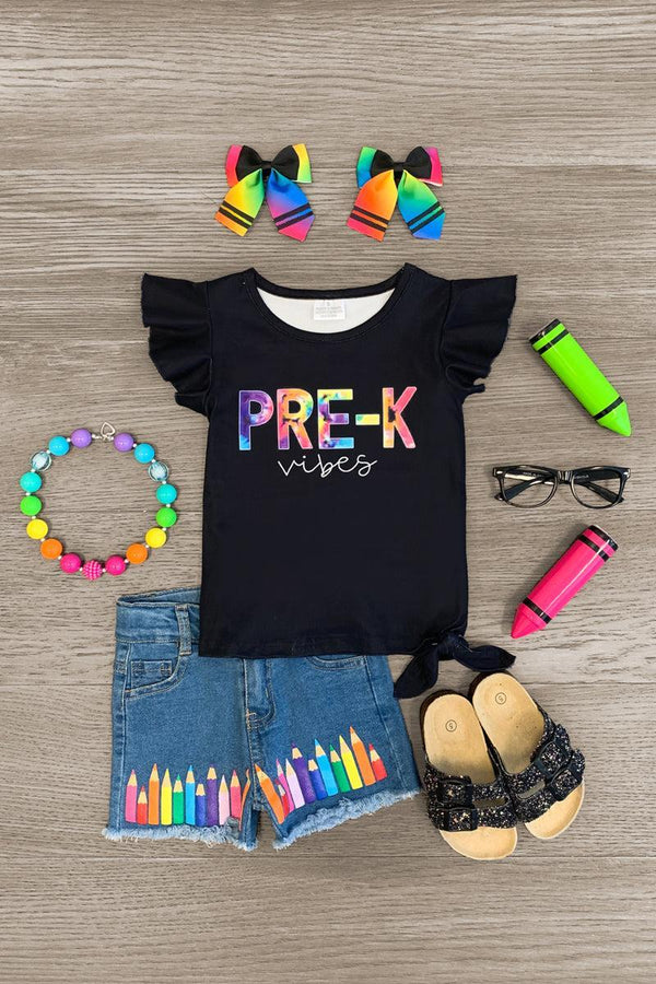 "Pre-K - Fifth Grade Vibes" Denim Short Set | Sparkle in Pink