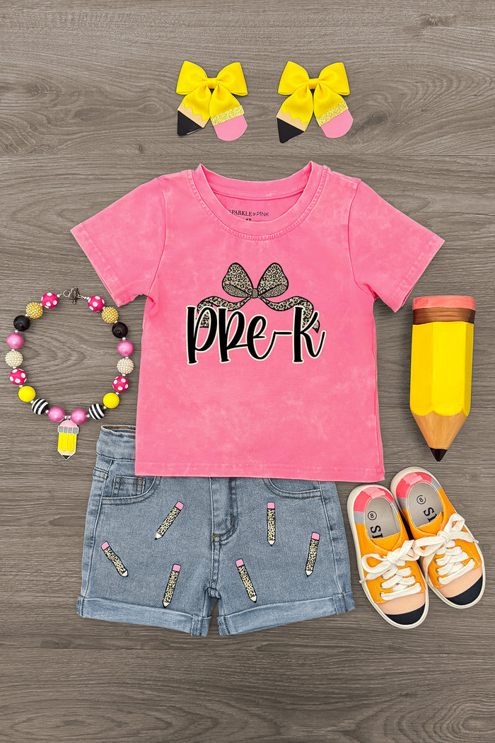 "Pre-K - Sixth Grade" Cheetah Denim Short Set - PRE-K / 2T - Pink cheetah print short-sleeve tee with "Pre-K" and bow detail, denim shorts with colorful patches, yellow and pink hair.