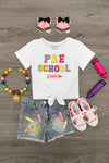 "Pre School - Sixth Grade" Crayon Denim Short Set | Sparkle in Pink
