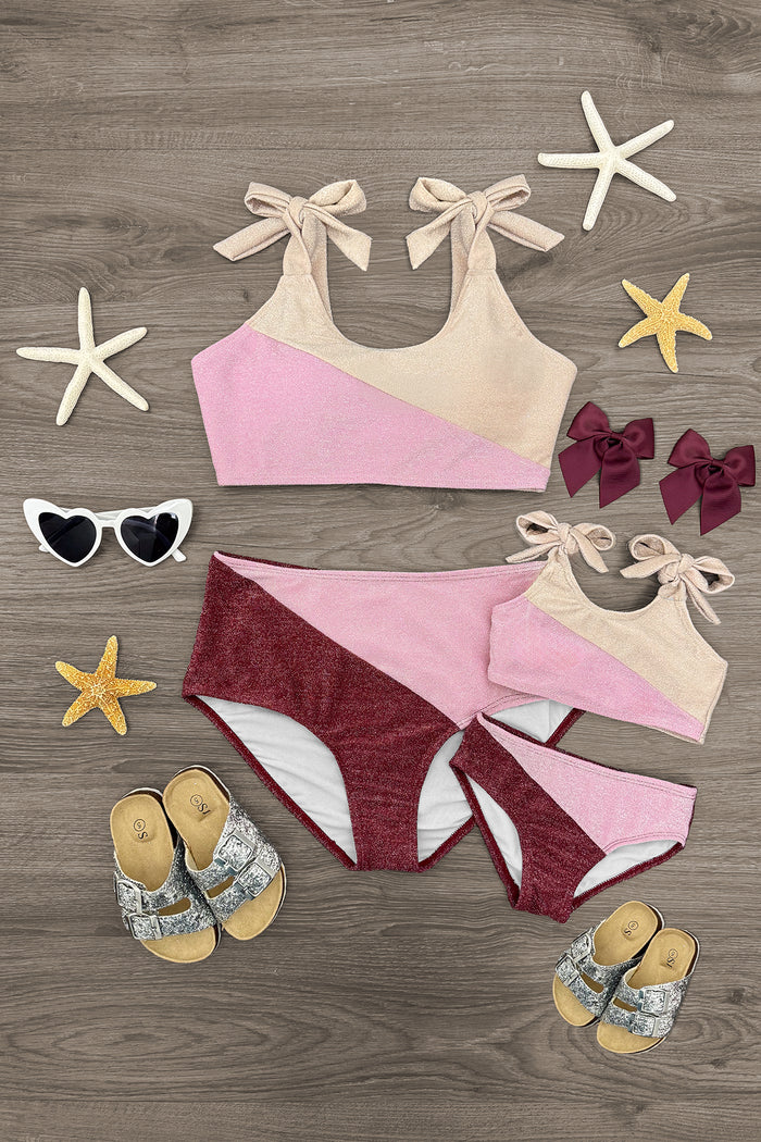 Mom & Me - Glitter Colorblock Bikini - CHILD-6-12 Months - Pink and tan glitter colorblock bikini set with bow straps, paired adult and child sizes laid flat.