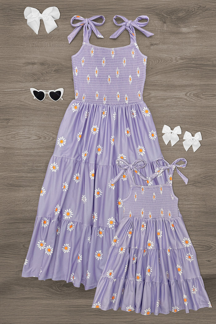 Mom & Me - Lavender Ruffle Daisy Tank Dress - CHILD-6-12 Months - Lavender sleeveless ruffle tank dress with daisy print and tie shoulder straps, adult and child sizes.