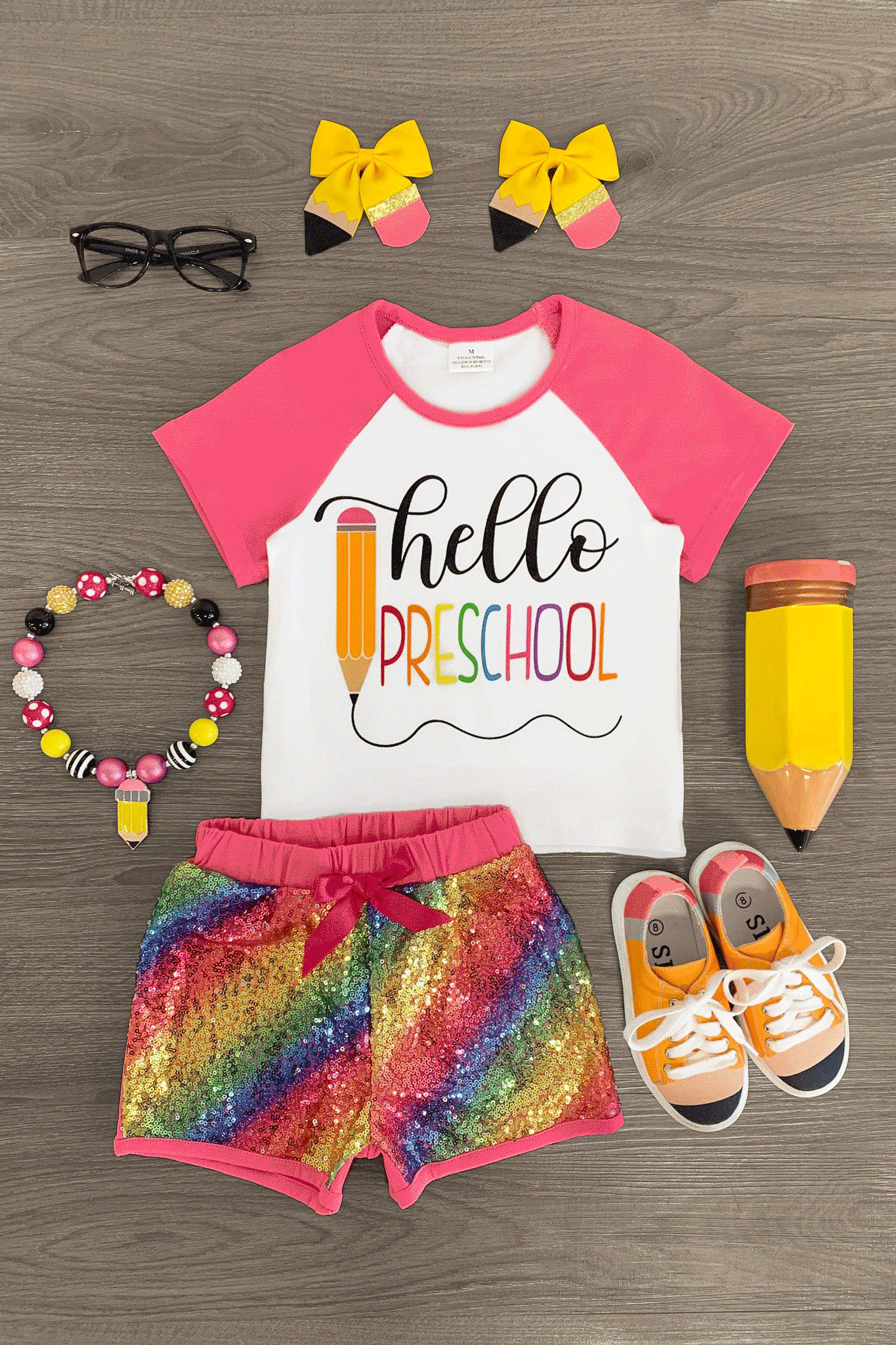 "Hello Preschool - 4th Grade" Rainbow Sequin Short Set - Sparkle in Pink