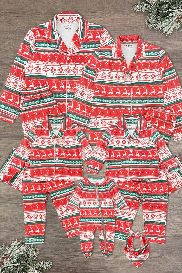 Red Nordic Family Pajama Set - AND PET BANDANA! - PET-Bandana-FAMILY - Matching red Nordic Christmas pajamas with white and green snowflake and reindeer patterns, including a pet bandana.