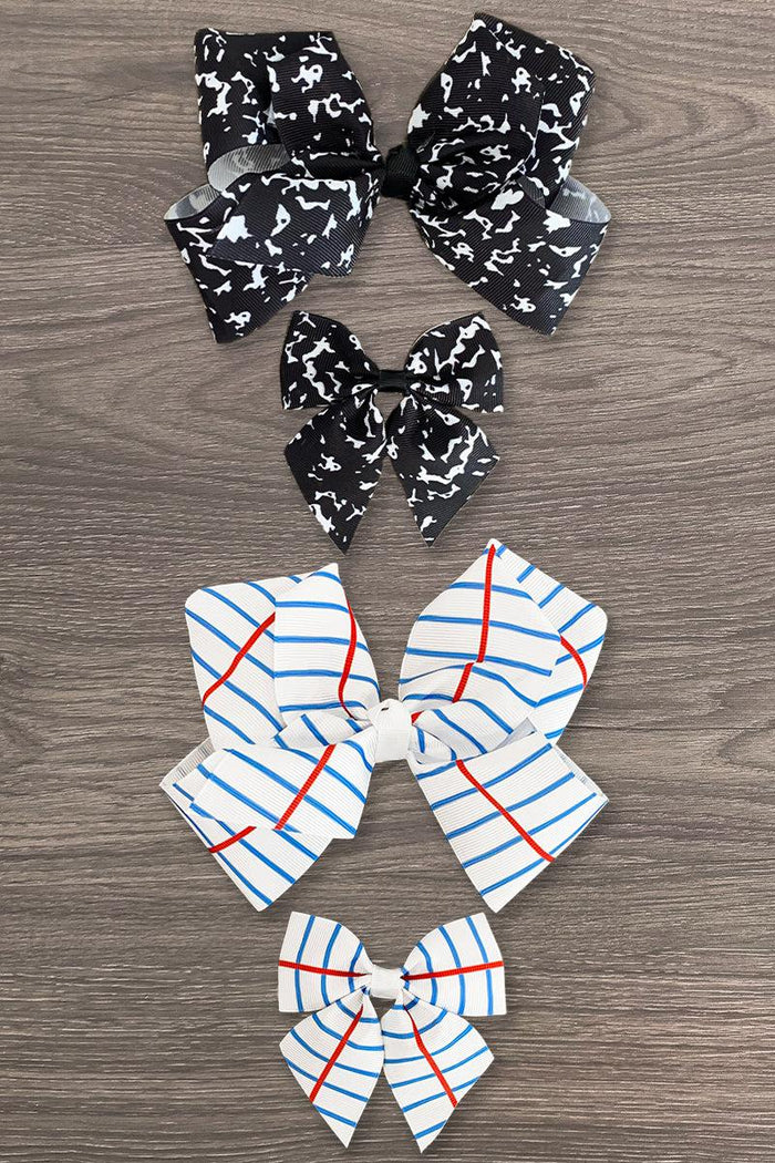 Composition Notebook Bows - Black / 3 inches - Black and white marbled composition notebook bows and white bows with blue and red composition notebook stripe pattern on.