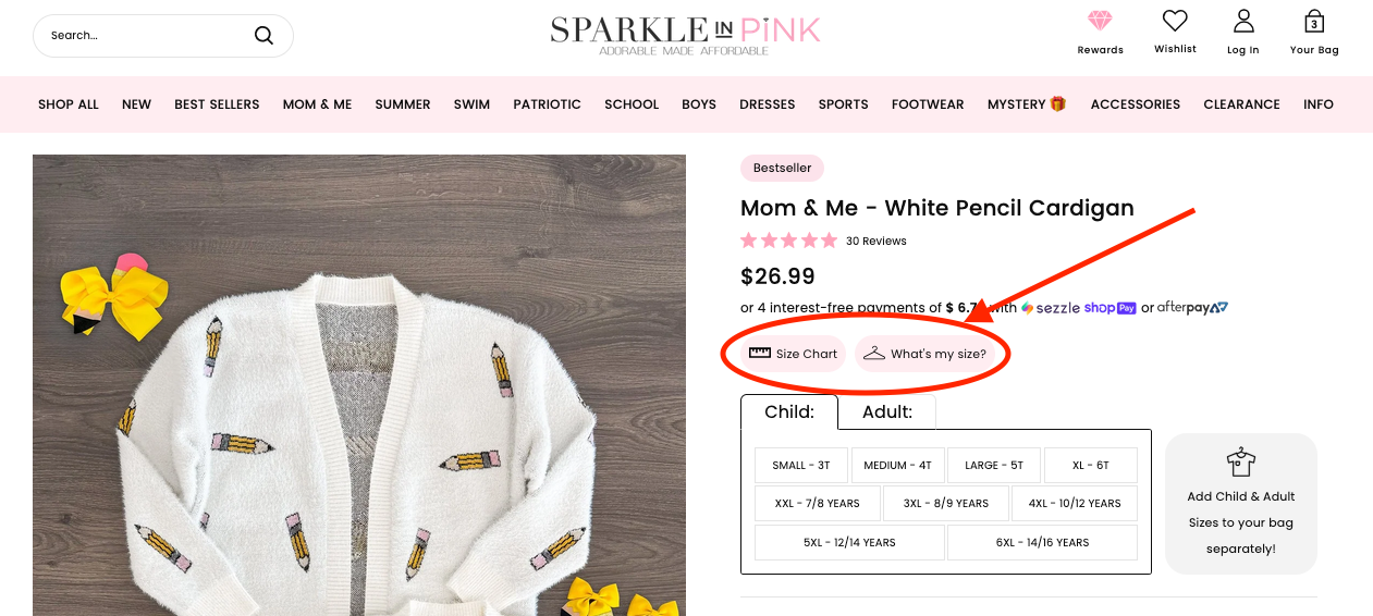 Size Chart & Sizing Information Sparkle In Pink