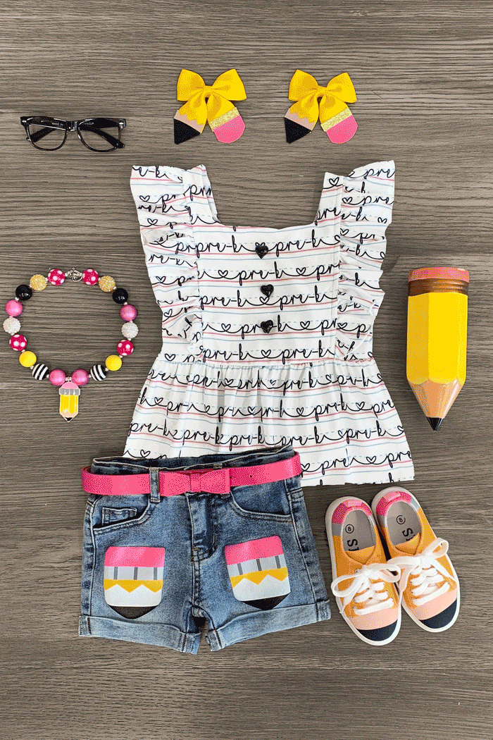 "Pre-K - Sixth Grade" Notebook Denim Short Set - PRE-K / 2T - White sleeveless top with notebook-style script, denim shorts with colorful patches, pink belt, yellow bow clips, floral.