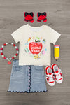 "Pre-K - Fifth Grade" Apple Denim Skirt Set - PRE-K / 2T - Cream short-sleeve tee with apple and "school time" graphic, light denim skirt with scalloped hem, red and white sneakers,.