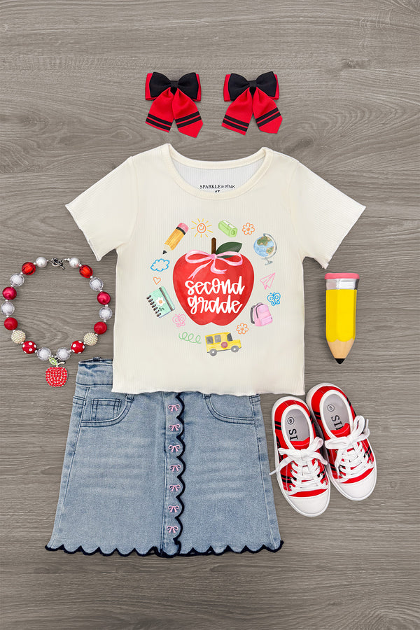 "Pre-K - Fifth Grade" Apple Denim Skirt Set - PRE-K / 2T - Cream short-sleeve tee with apple and "school time" graphic, light denim skirt with scalloped hem, red and white sneakers,.
