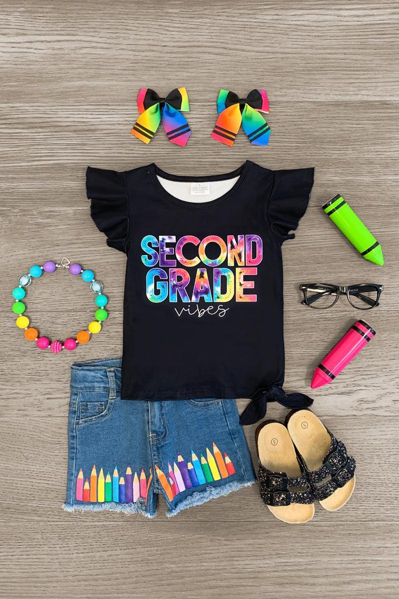 "Pre-K - Fifth Grade Vibes" Denim Short Set | Sparkle in Pink