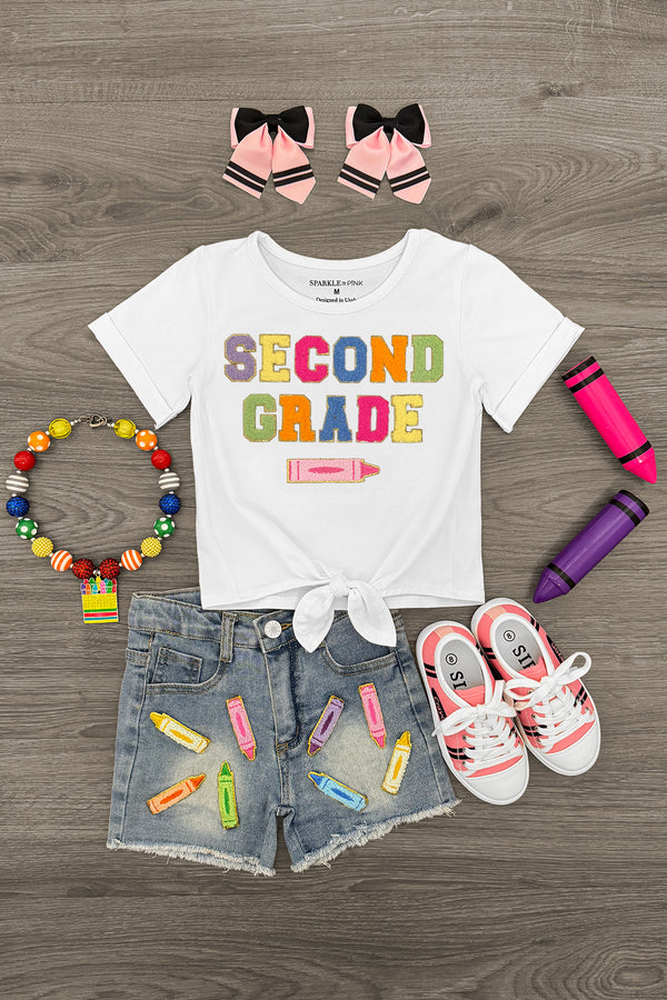 "Pre School - Sixth Grade" Crayon Denim Short Set | Sparkle in Pink