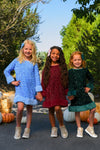 Sparkle Plush Sequin Long Sleeve Dress - Green / 6-12 Months - Long sleeve plush sequin dress in blue with ruffle hem, mid-thigh length, worn with sneakers.