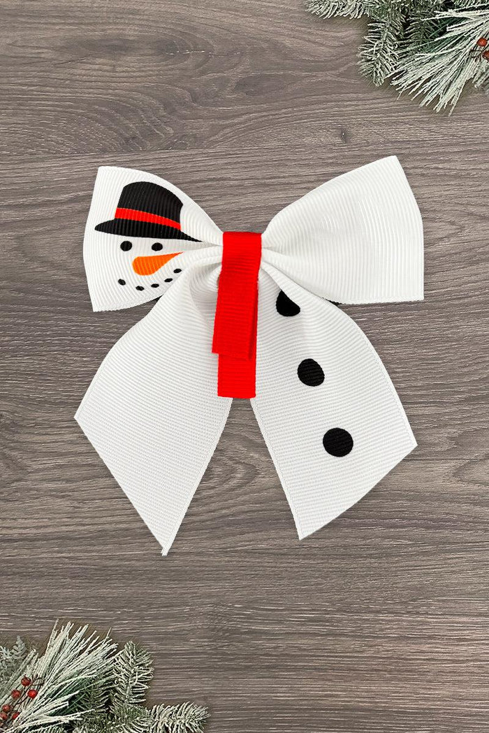 White & Red Snowman Bow - Default Title - White fabric bow decorated as snowman with black hat, carrot nose, and red ribbon center.