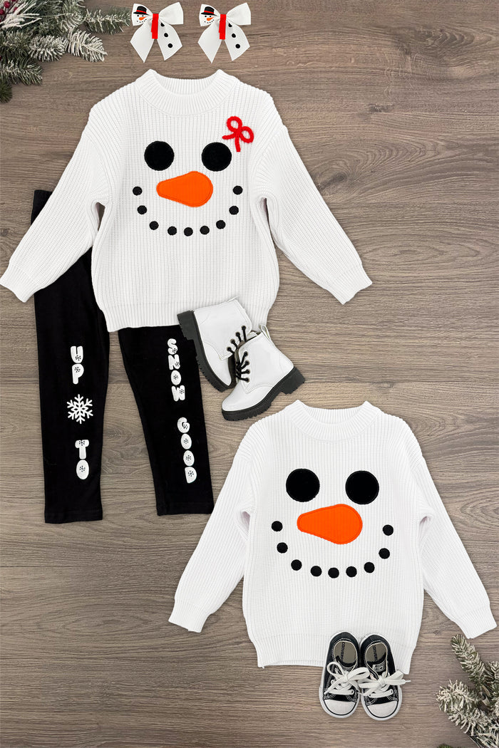 "Up To Snow Good" Knit Sweater Legging Set - Girl / 3XS-6-12 Months - Kids white knit sweater with snowman face and black leggings with snowman details, paired with white lace-up boots and.