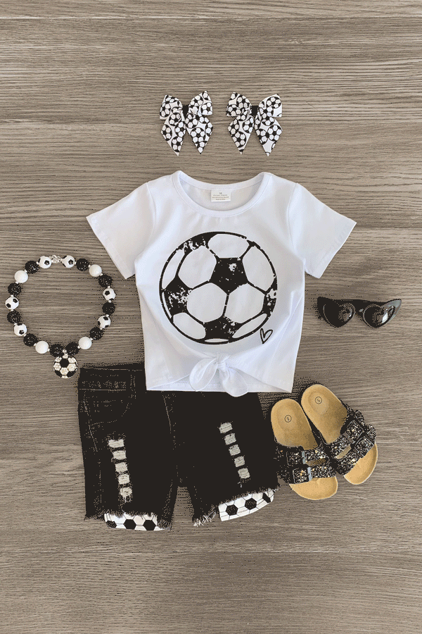 White Soccer Denim Short Set - Sparkle in Pink