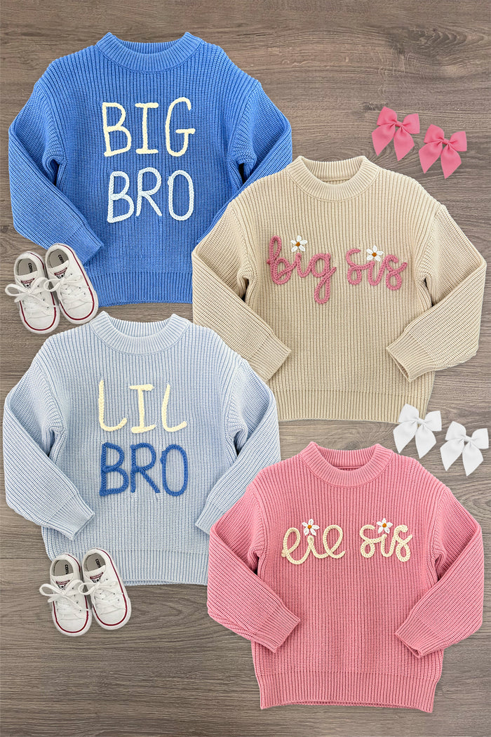 "Big Sis, Lil Sis, Big Bro, Lil Bro" Knit Sweater - Big Sis / GIRL-2XS-12-18 Months-FAMILY - Blue knit sweater with "BIG BRO" text, beige knit sweater with "big sis" text, light blue knit sweater with "LIL BRO" text,.