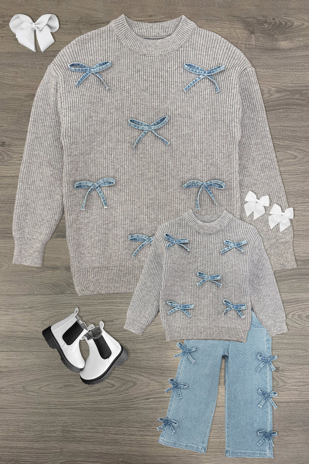 Mom & Me - Gray Bow Knit Sweater & Denim Pant Set | Sparkle in Pink