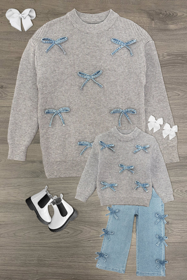 Mom & Me - Gray Bow Knit Sweater & Denim Pant Set | Sparkle in Pink