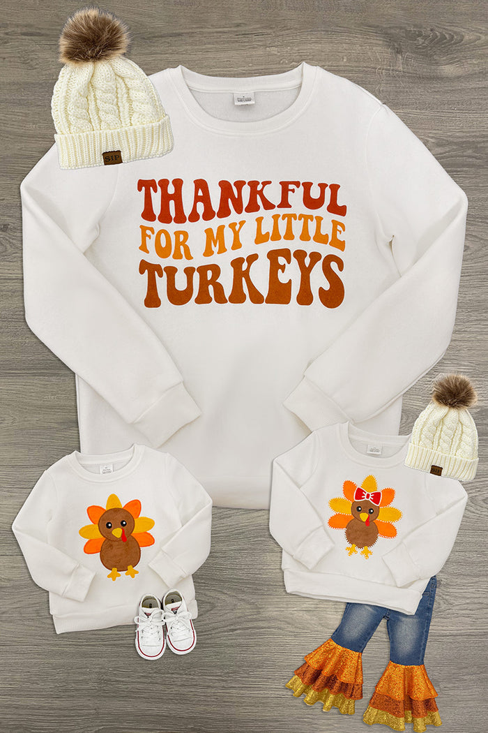 Mom & Kid - "Thankful For My Little Turkeys" Pullover & Pant Set - GIRL-6-12 Months-FAMILY - White pullover with orange and yellow "Thankful For My Little Turkeys" text and matching toddler pullover with turkey.