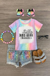 "Hello Pre-K - 6th Grade" Rainbow Denim Short Set | Sparkle in Pink