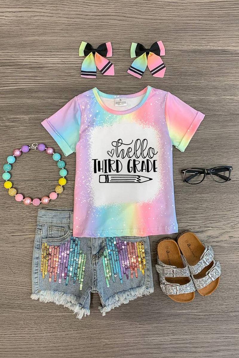 "Hello Pre-K - 6th Grade" Rainbow Denim Short Set | Sparkle in Pink