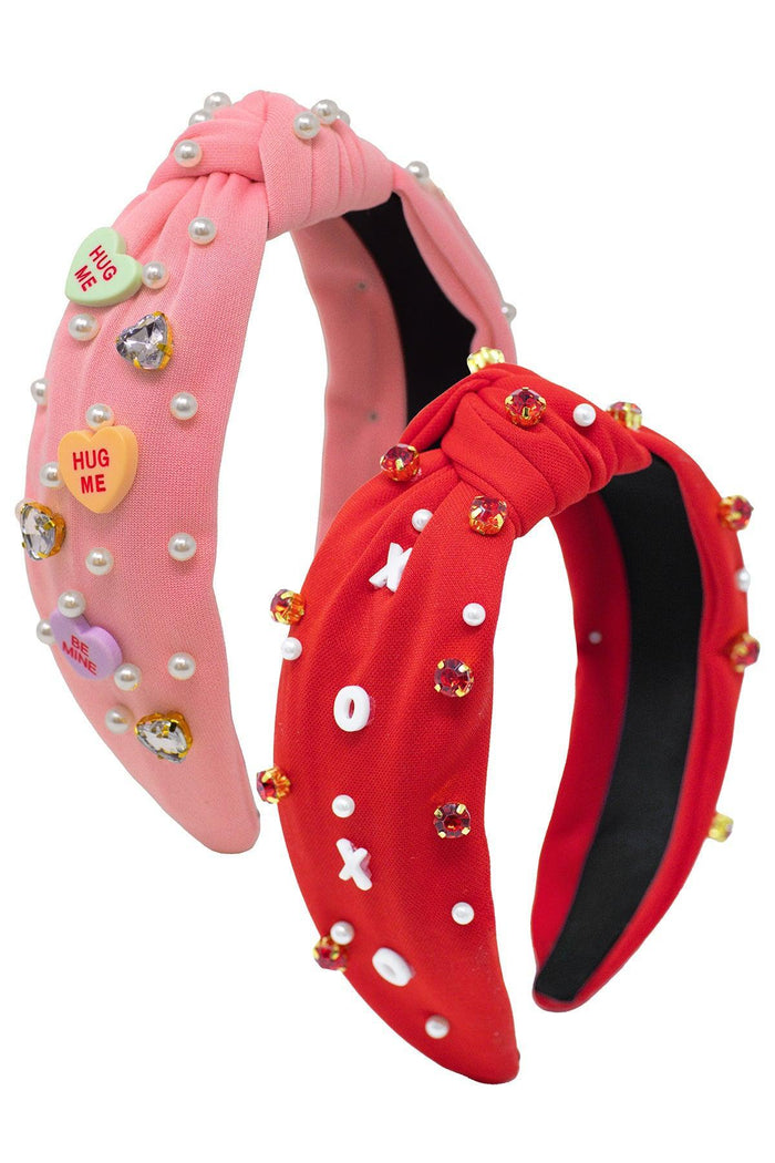 Valentine's Gemstone Headband - Pink - Pink and red padded headbands adorned with Valentine-themed gemstones and pearls.