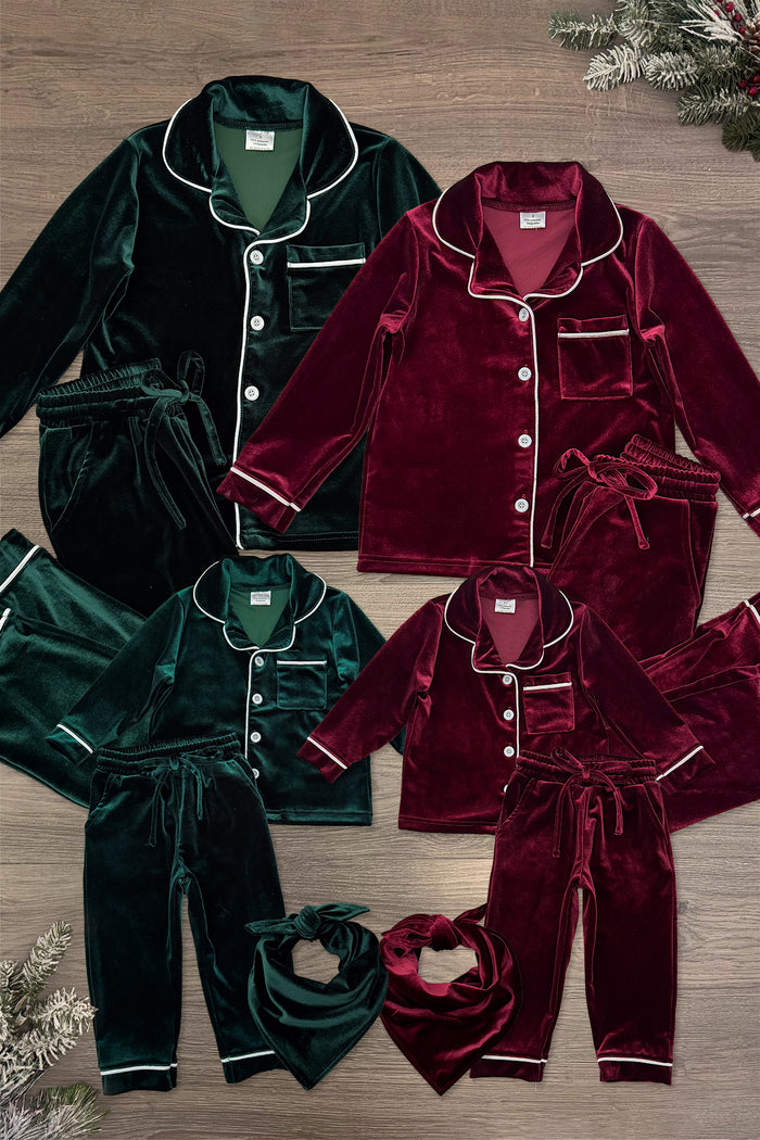 Green & Burgundy Velvet Family Pajamas - AND PET BANDANA! - PET-Green Bandana-FAMILY - Matching green and burgundy velvet long-sleeve pajamas with white piping and embroidered details, paired with coordinating.