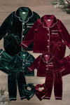 Green & Burgundy Velvet Family Pajamas - AND PET BANDANA! - PET-Green Bandana-FAMILY - Matching green and burgundy velvet family pajamas with white piping and pet bandanas, cozy and festive design.