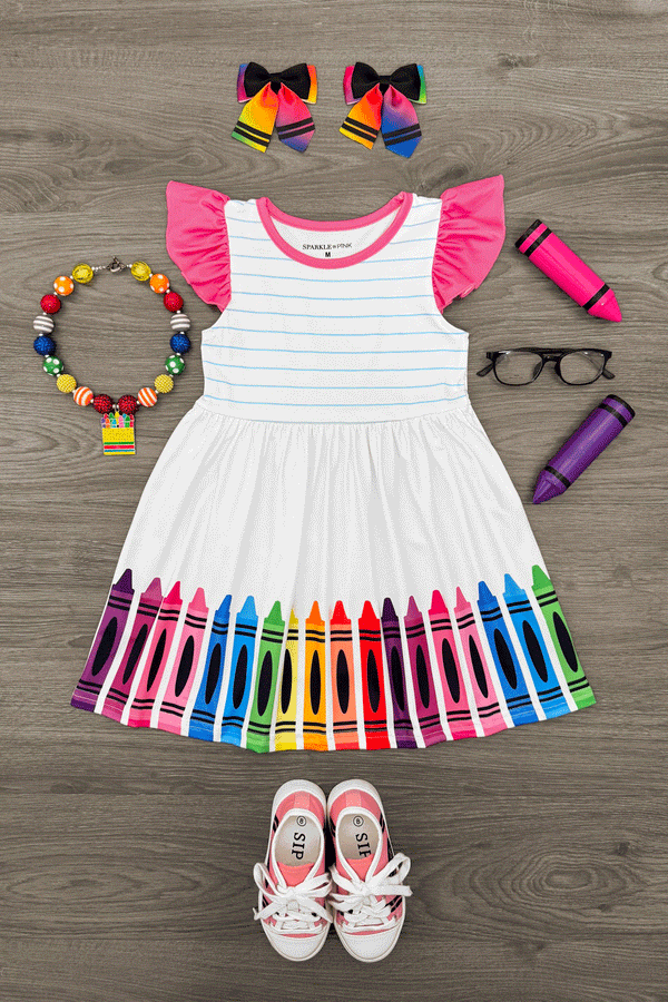 White Notebook & Crayons Dress | Sparkle in Pink