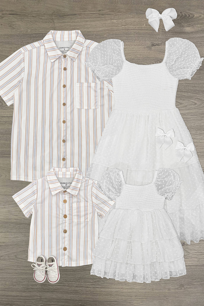 White Stripe Family Set - GIRL-6-12 Months-FAMILY - Coordinated white and beige striped short-sleeve button-up shirts paired with white puff-sleeve dresses, one with floral.