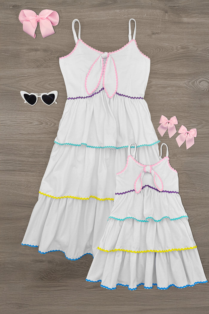 Mom & Me - Ribbon Ruffle Tank Dress - CHILD-6-12 Months - White mother and child matching tank dresses with colorful ribbon ruffle tiers and thin straps, styled with pink bows and.