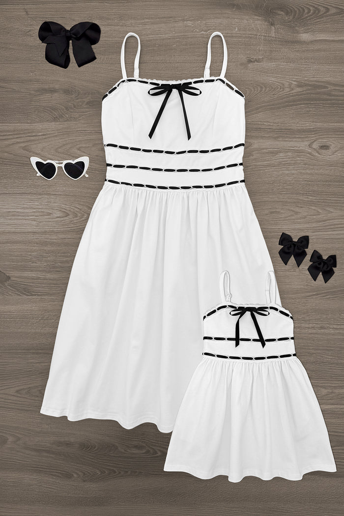 Mom & Me - Lace Ribbon Tank Dress - CHILD-6-12 Months - White lace ribbon tank dress with black bow and trim, matching smaller dress for child, paired with black bow clip and.
