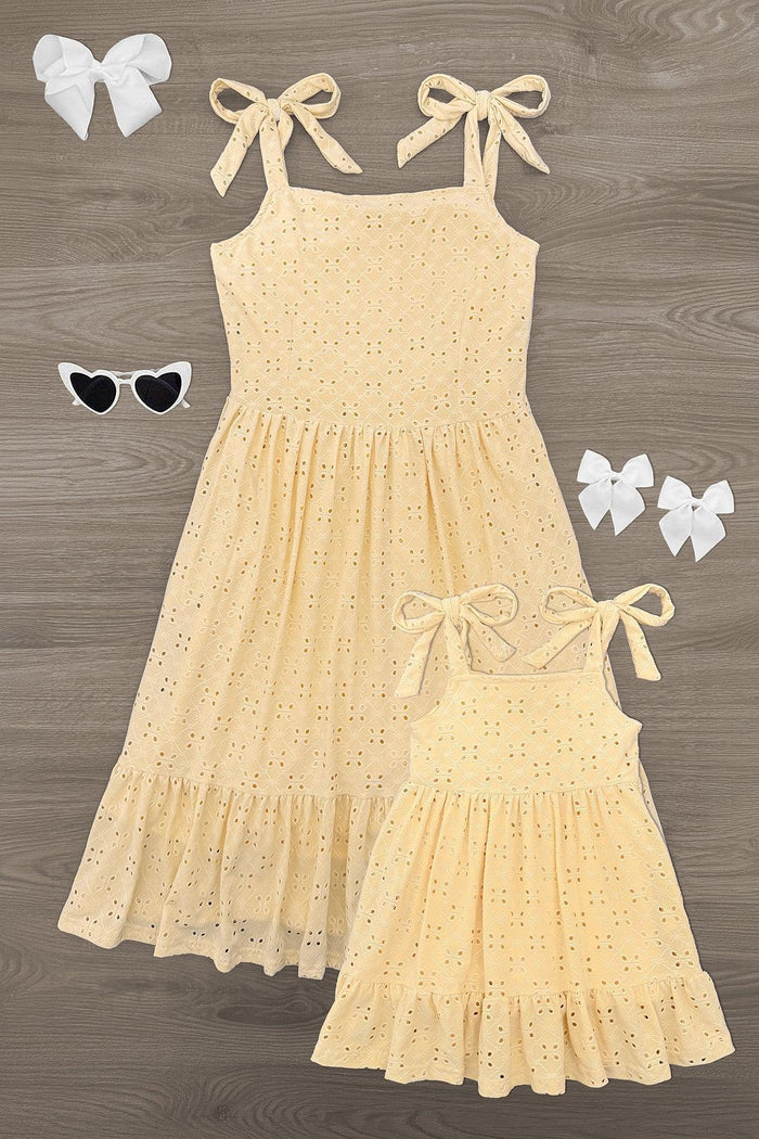 Mom & Me - Yellow Eyelet Tank Dress - CHILD-6-12 Months - Matching yellow eyelet tank dresses with tie straps, scalloped hem, and ruffled bottom for mom and child.
