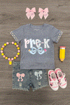 "Pre-K - Sixth Grade" Plaid Bow Denim Short Set - PRE-K / 2T - Gray short-sleeve shirt with plaid bow accents and "Pre-K" text paired with denim shorts featuring matching plaid bow.