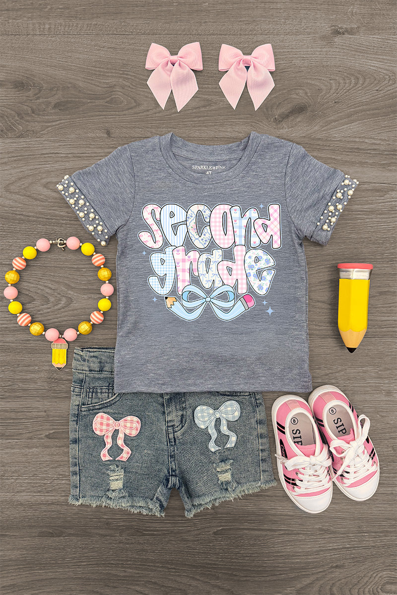 "Pre-K - Sixth Grade" Plaid Bow Denim Short Set - SECOND GRADE / 6 - Gray short-sleeve shirt with "Second Grade" text and plaid bow accents, distressed denim shorts with pink and white bows,.