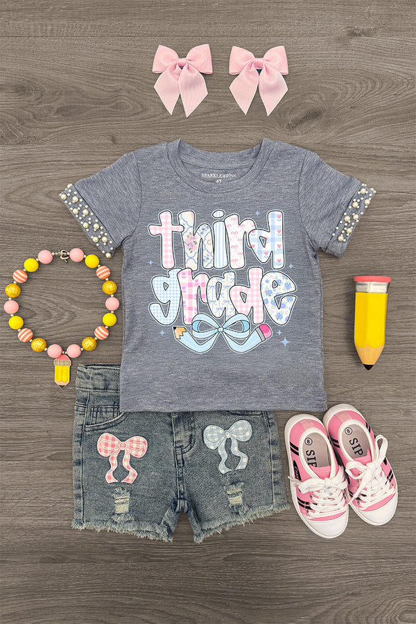 "Pre-K - Sixth Grade" Plaid Bow Denim Short Set - THIRD GRADE / 7 - Gray short-sleeve tee with plaid ruffle sleeves and "third grade" text paired with distressed denim shorts featuring pink.
